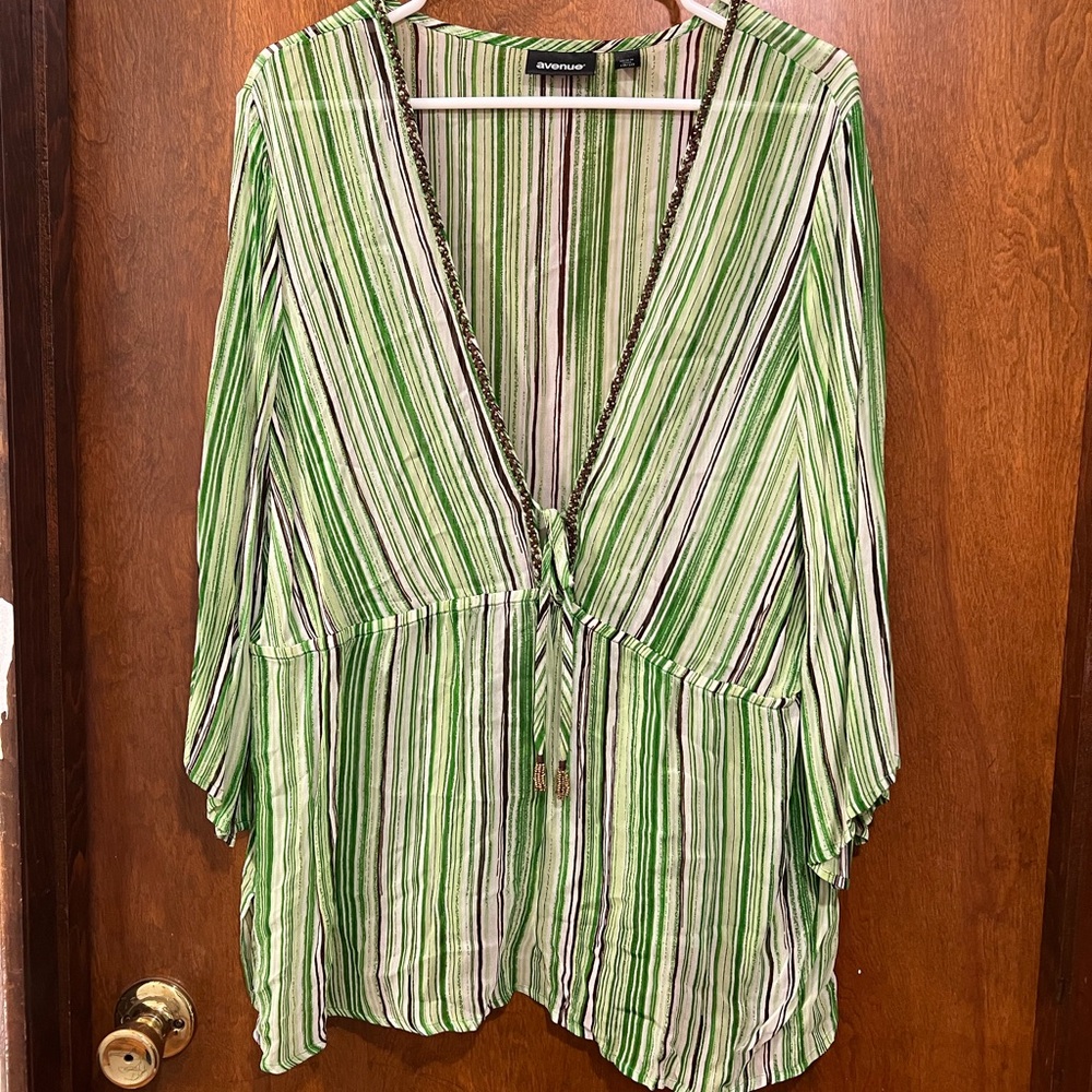 Avenue Green and White Striped Blouse